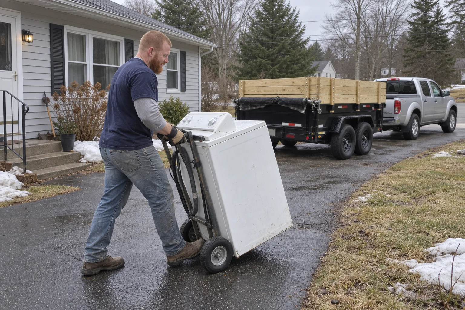 Illustrative scene of a worker moving a washing machine